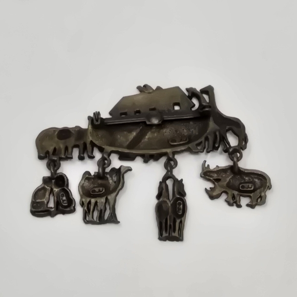 Vintage JJ Jonette pin brooch Noah's Ark 1980s dangle charms wild animal camel - Picture 5 of 7